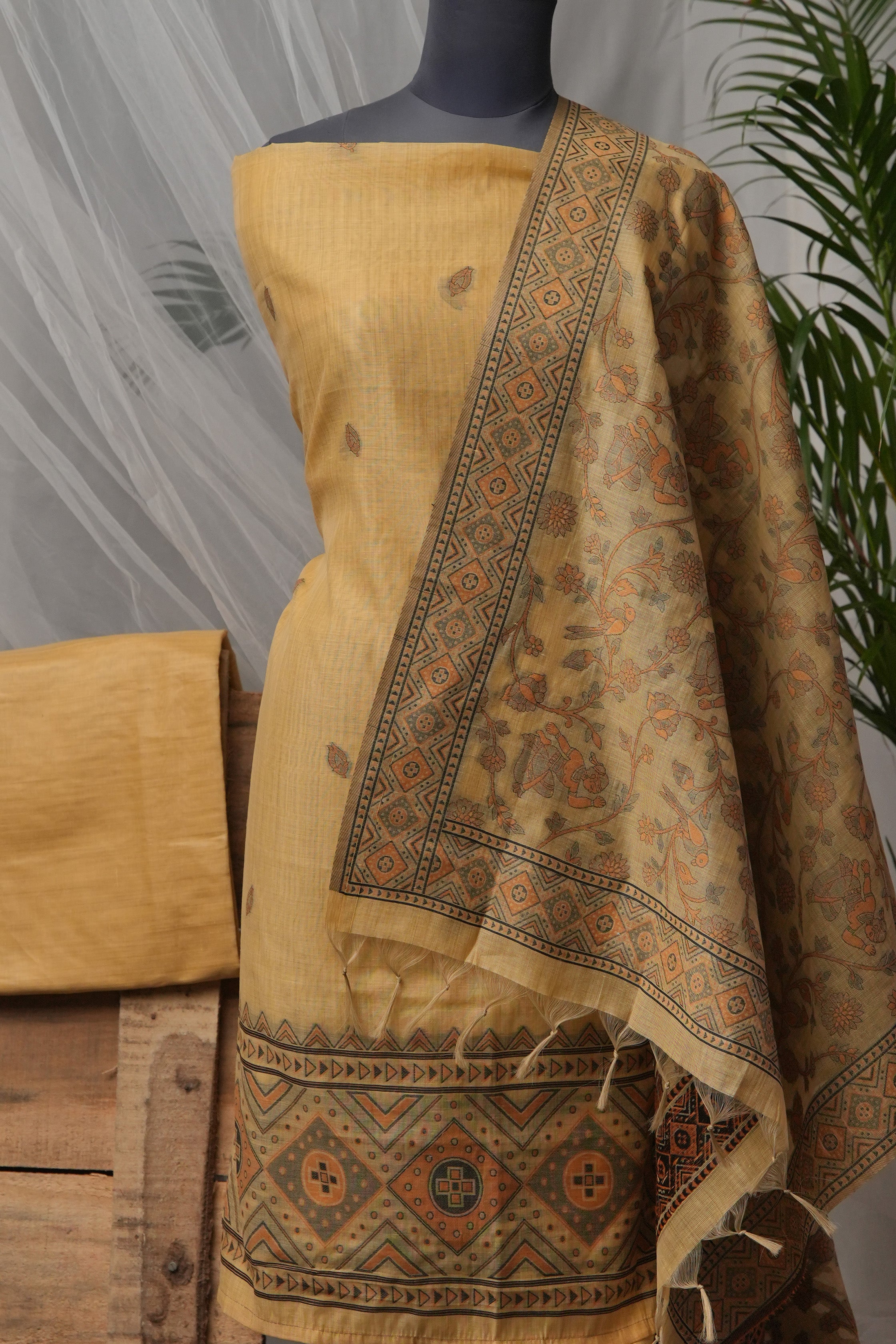 Mustard Motif - Mul Chanderi Suit Piece