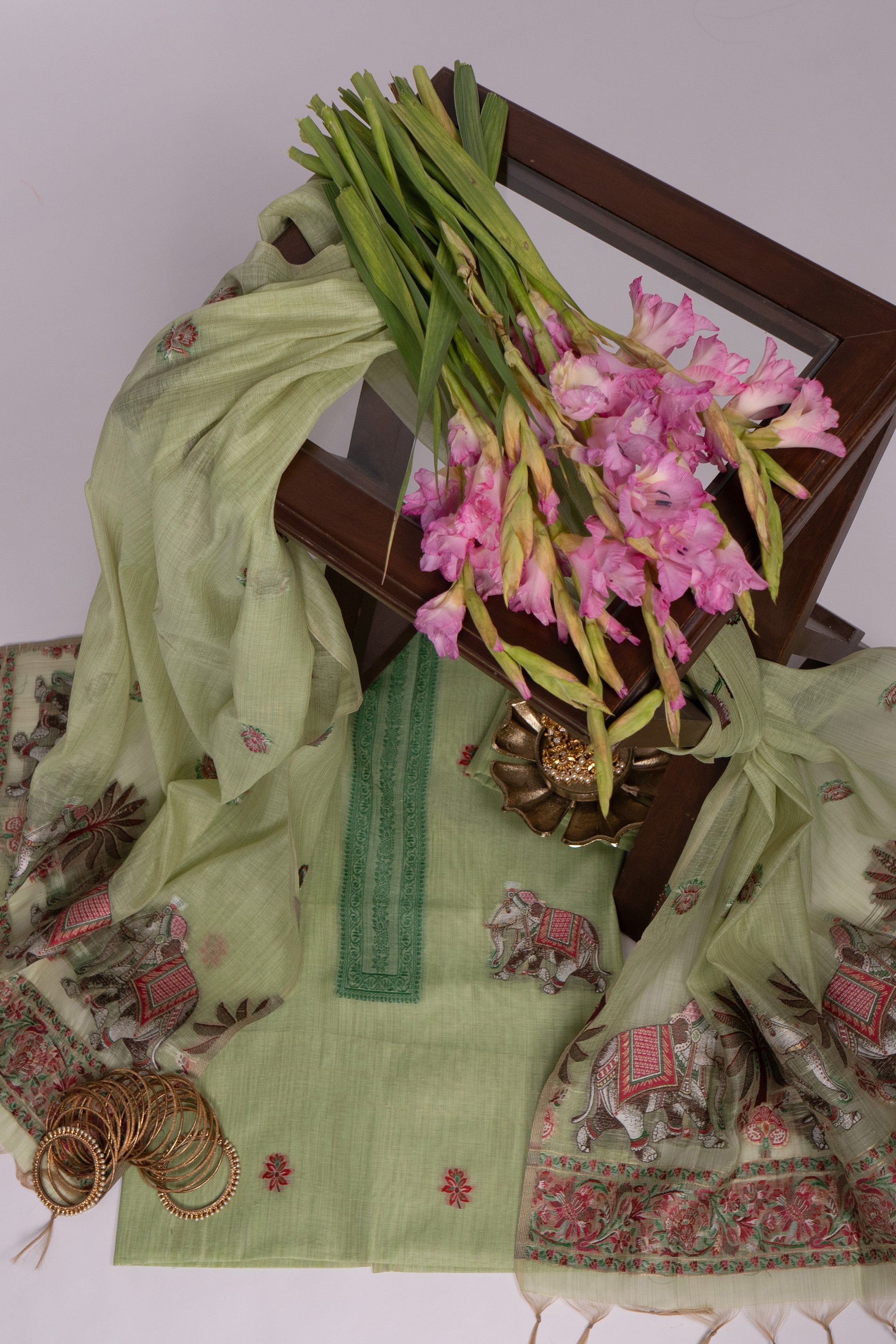 Green Relic Jamdani Pichwai Cotton Suit Piece