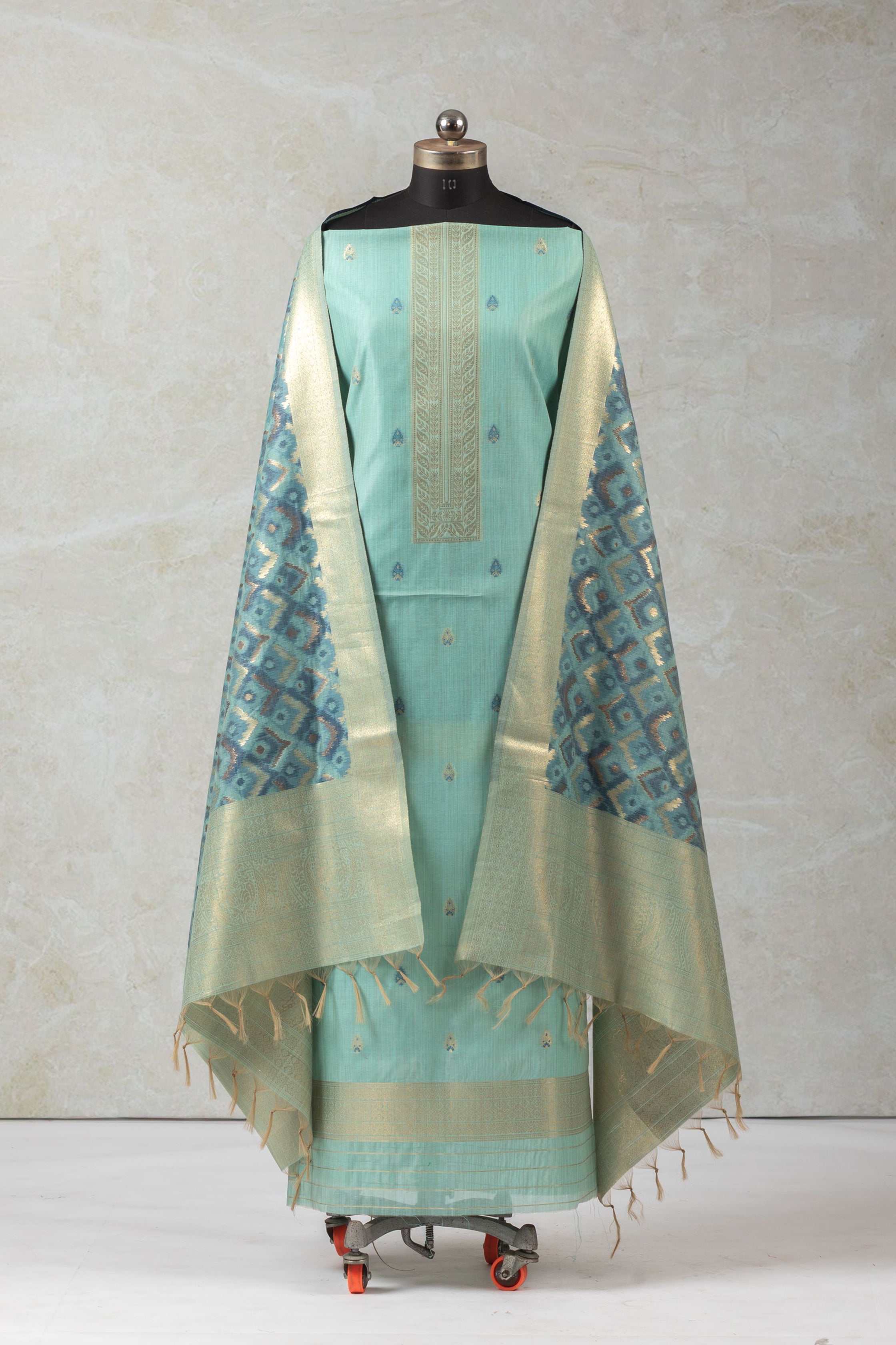 Indigo Motif Jamdani Ikkat Cotton Suit Piece