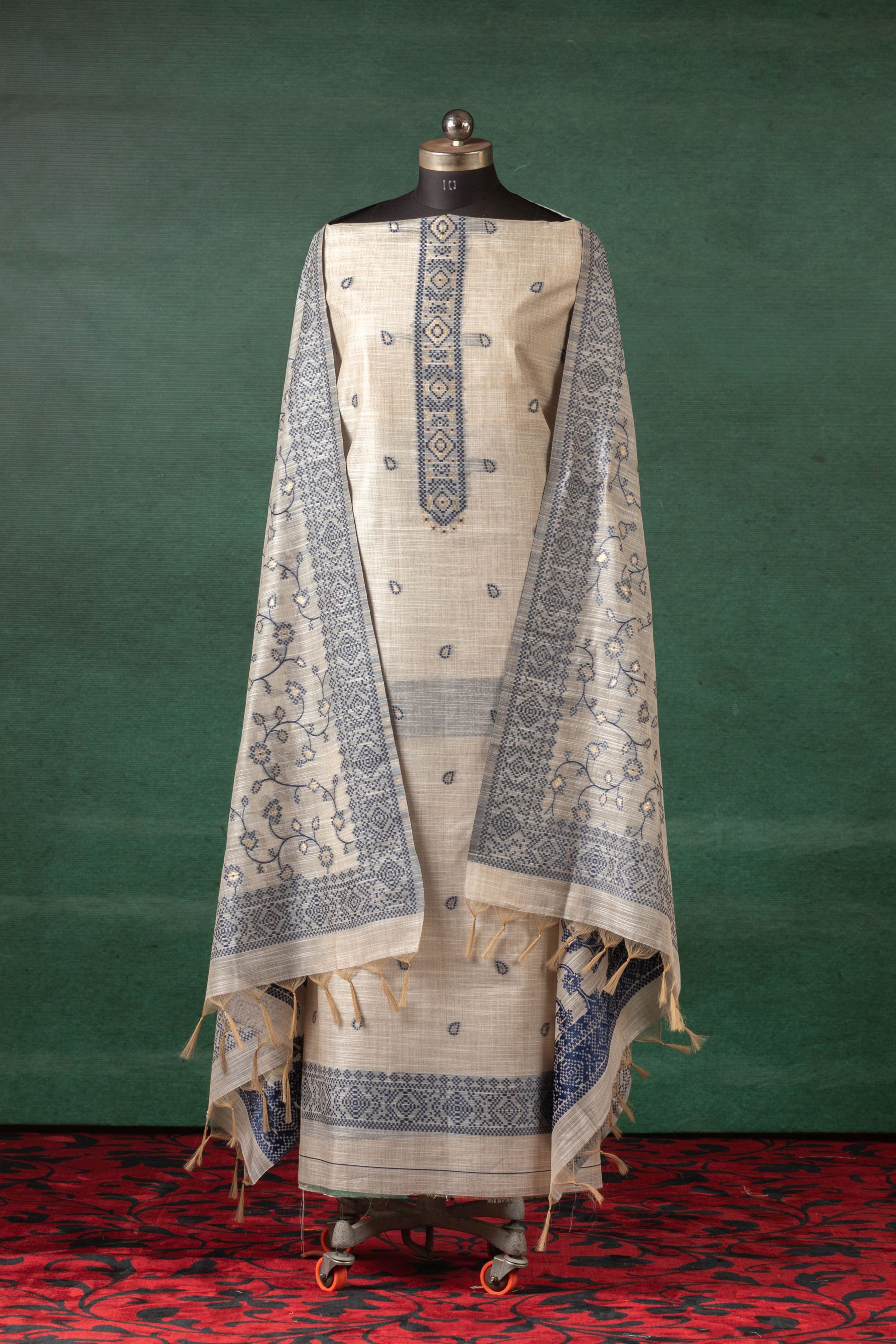 Indigo Bloom Jamdani Linen Cotton Suit Piece