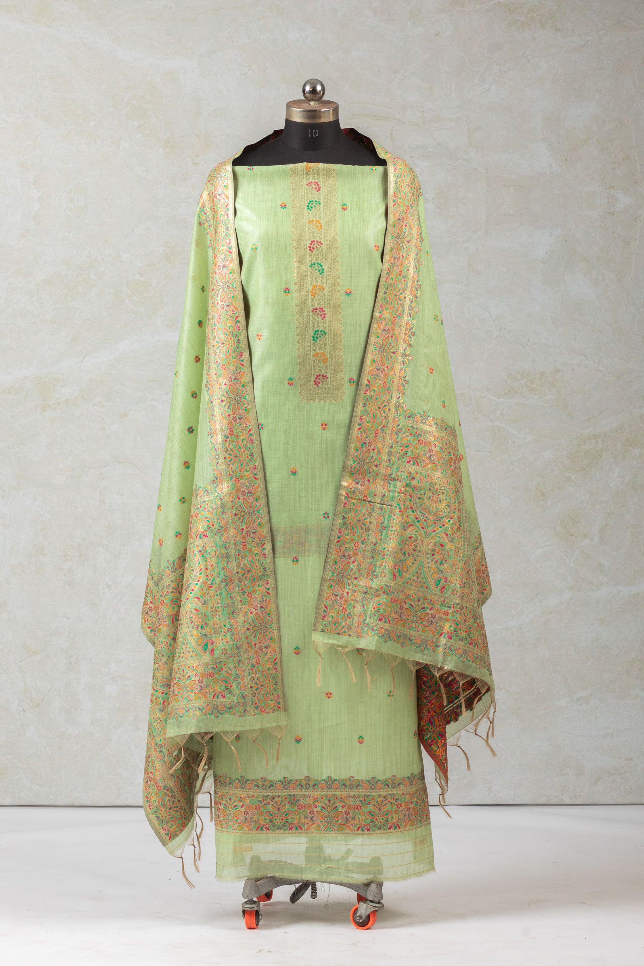 Mint Mosaic Jamdani Kashmiri Cotton Suit Piece