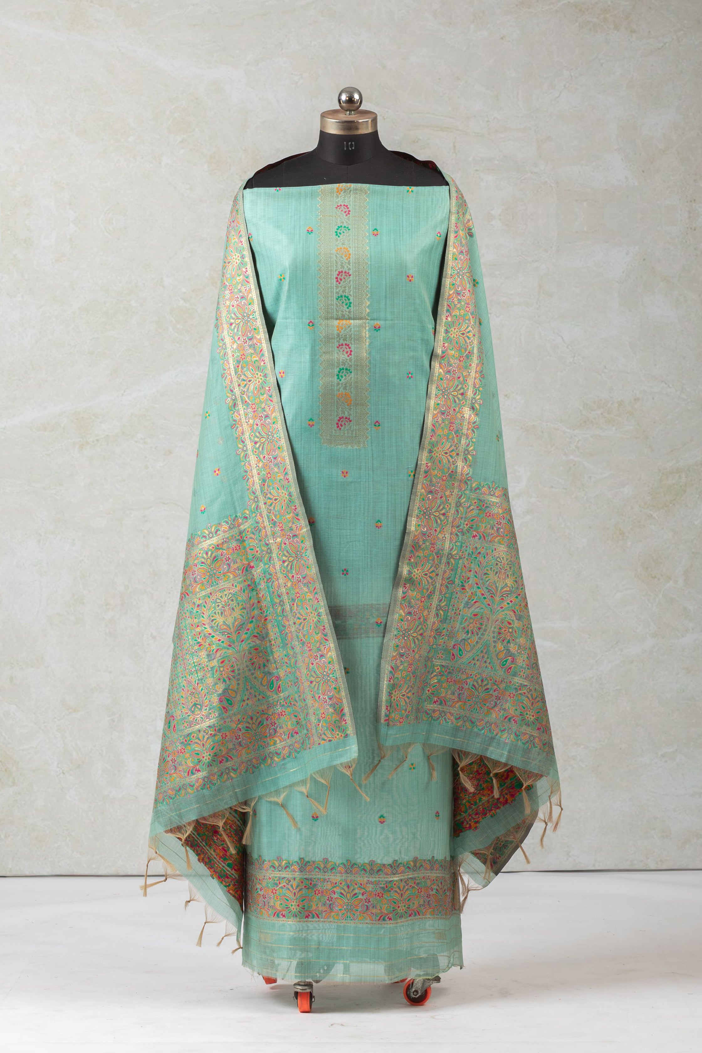 Aqua Prism Jamdani Kashmiri Cotton Suit Piece