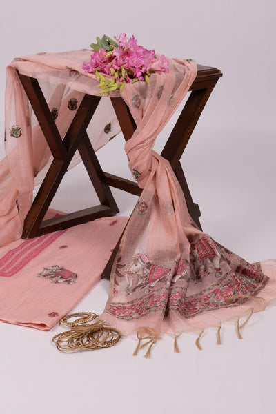 Blush Caravan Jamdani Pichwai Cotton Suit Piece
