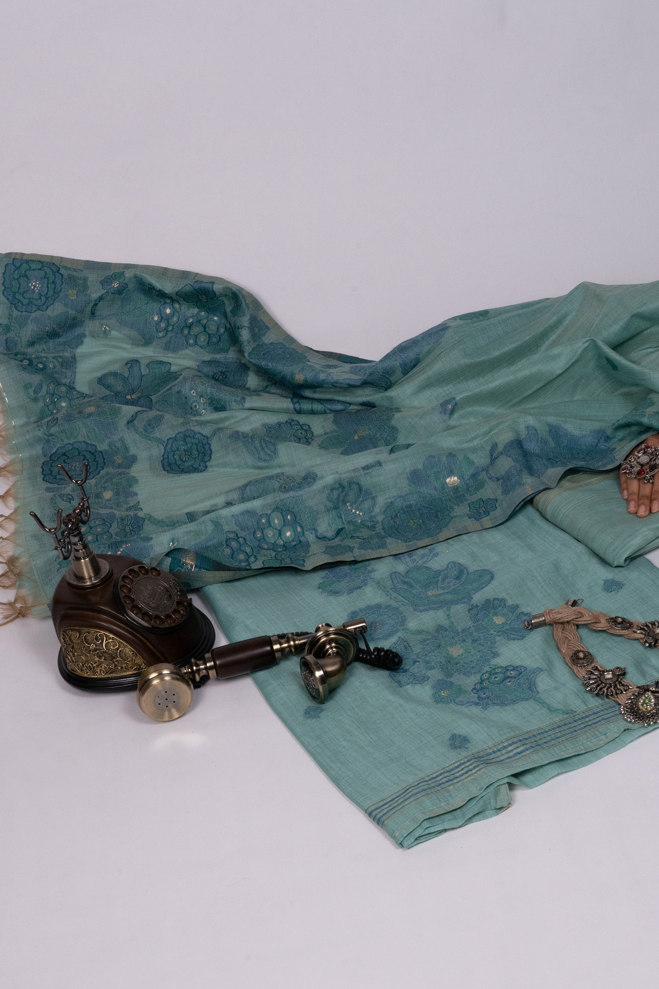 Cyan Grove Jamdani Munga Cotton Suit Piece