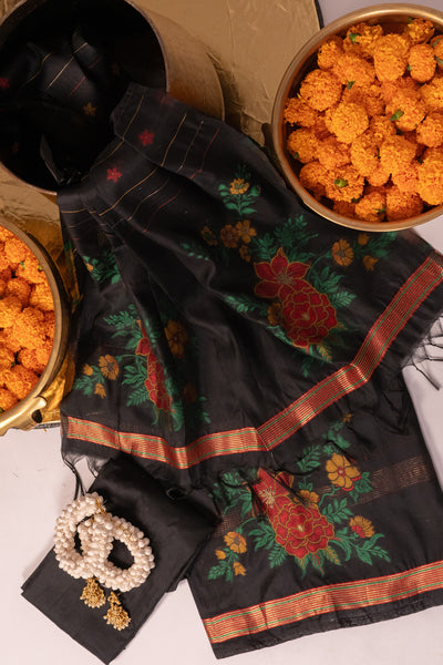 Charcoal Grace Jamdani Mul Chanderi Suit Piece