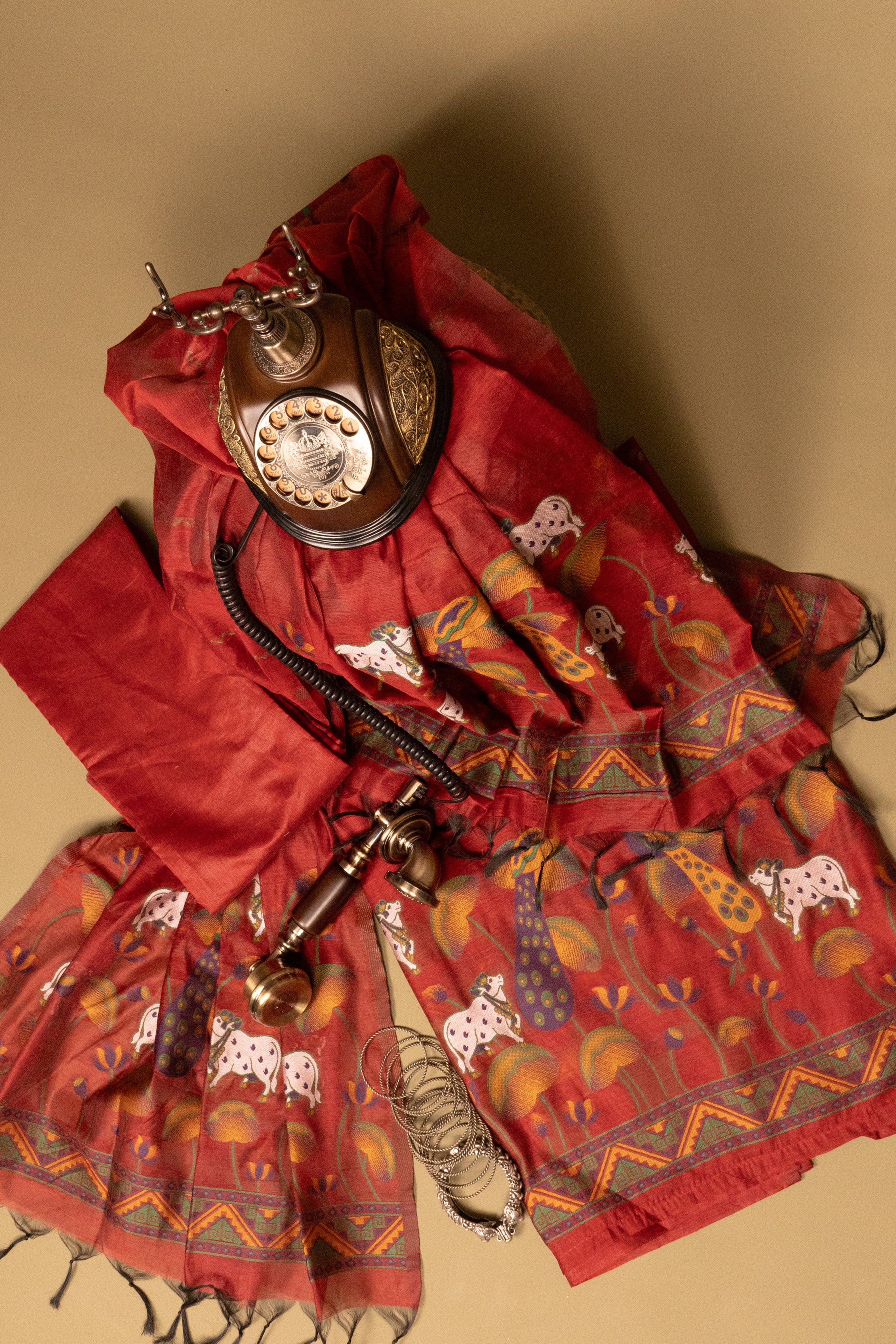 Crimson Chronicle Jamdani Pichwai Cotton Suit Piece