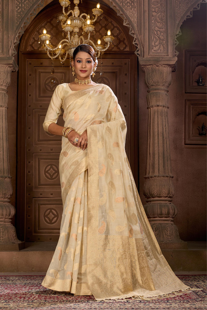 Off White Banarsi Butta Saree Weavekaari