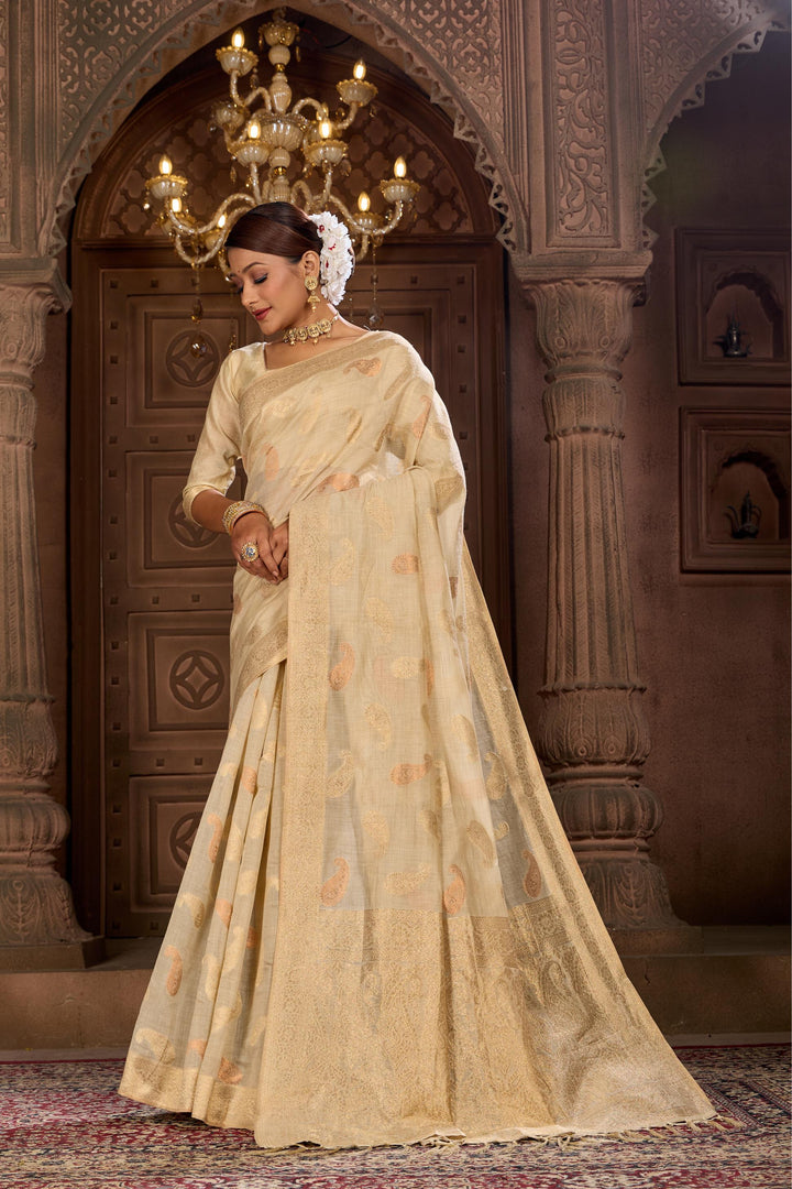 Off White Banarsi Butta Saree Weavekaari