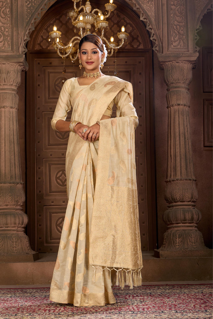 Off White Banarsi Butta Saree Weavekaari