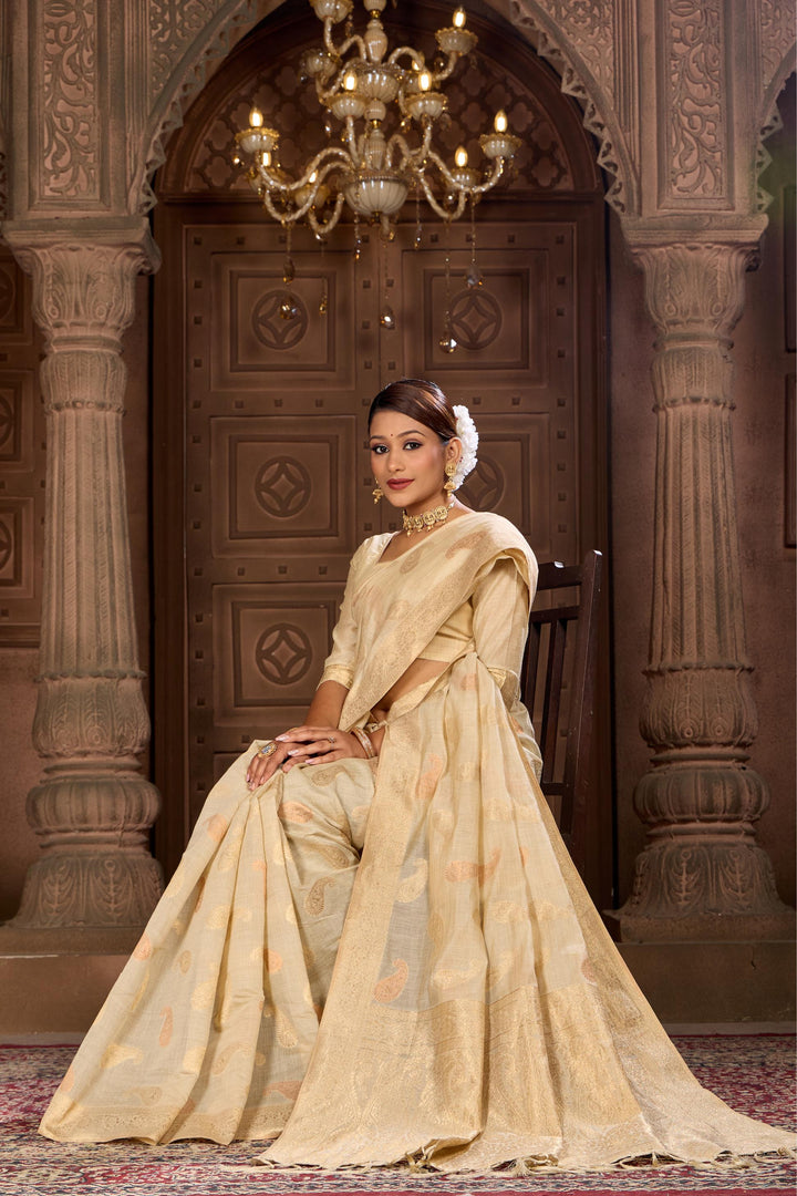 Off White Banarsi Butta Saree Weavekaari