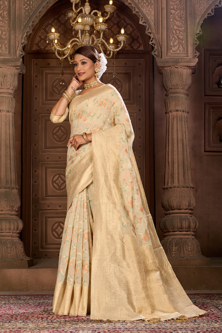 Off White Meenakari Chanderi Saree Weavekaari