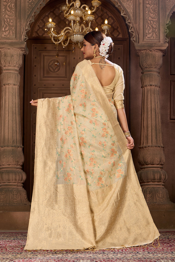 Off White Meenakari Chanderi Saree Weavekaari