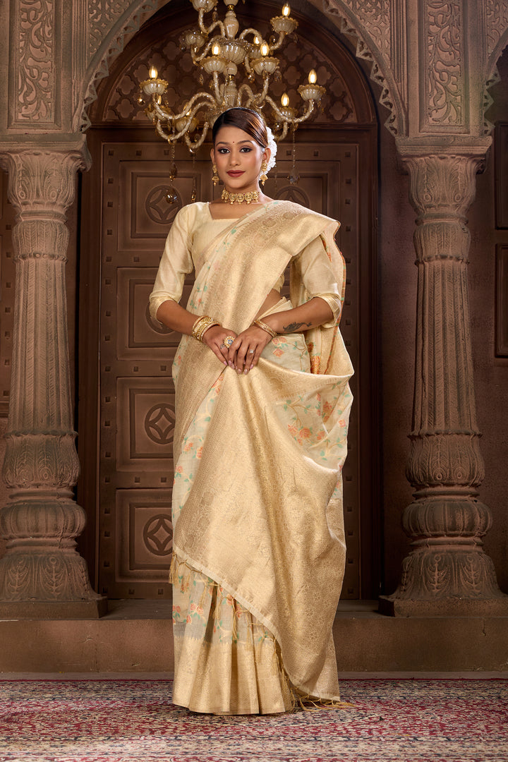 Off White Meenakari Chanderi Saree Weavekaari