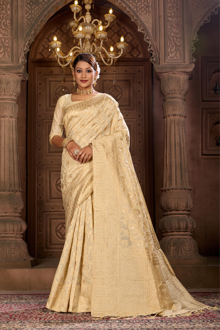 Off White Chanderi Jaal Saree Weavekaari