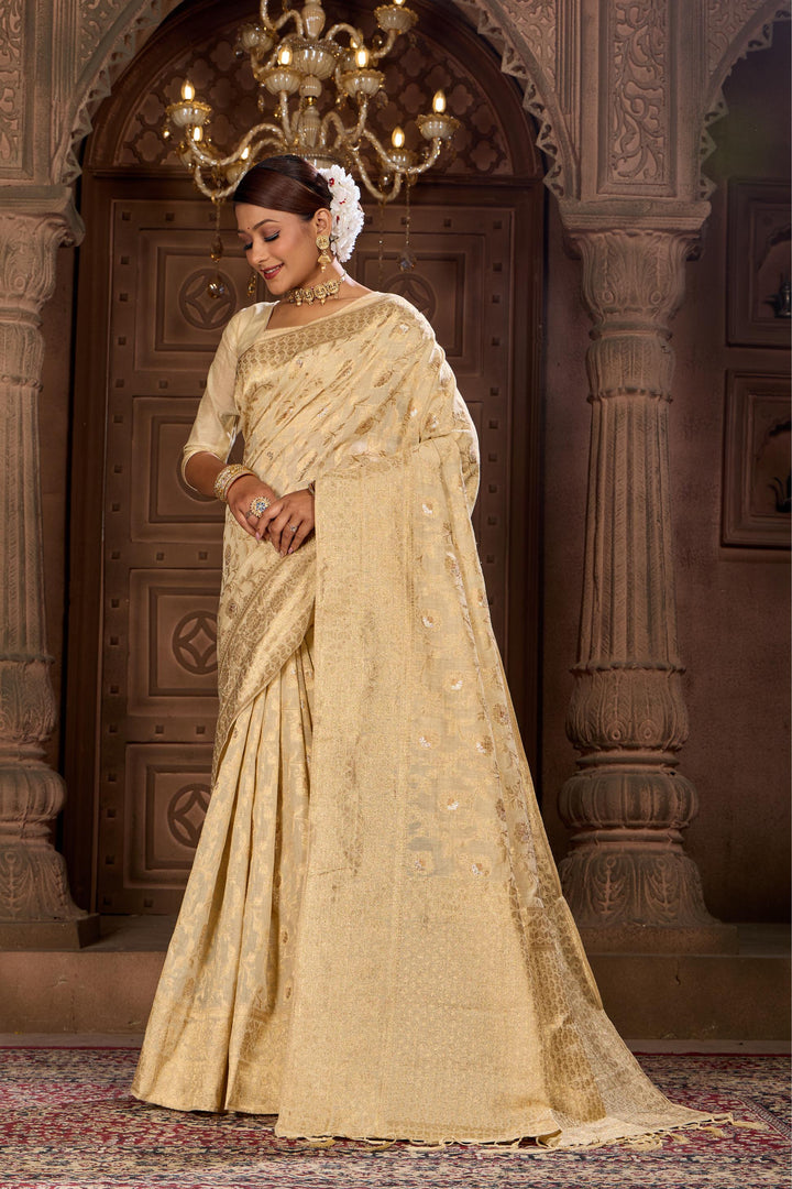 Off White Chanderi Jaal Saree Weavekaari