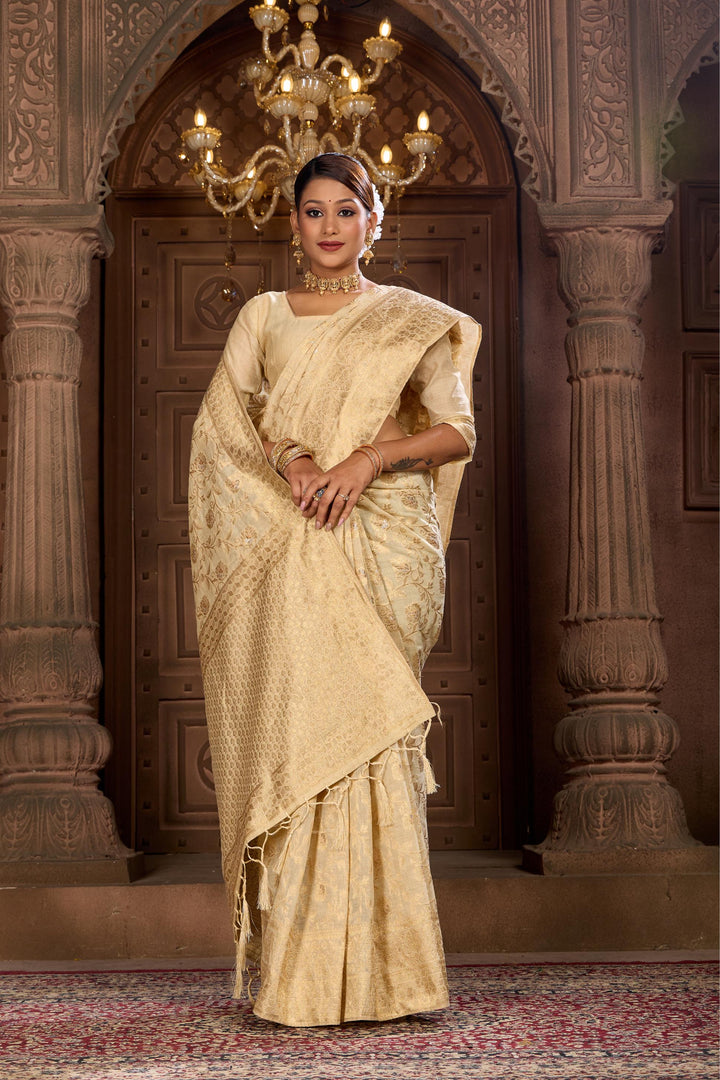 Off White Chanderi Jaal Saree Weavekaari