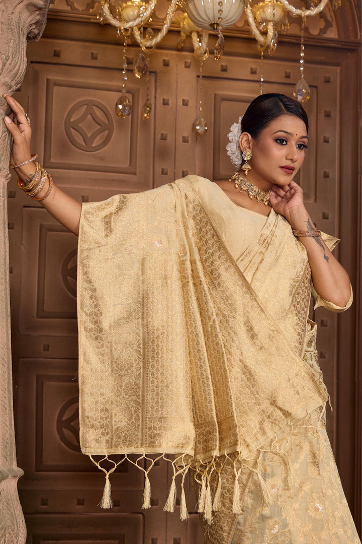 Off White Chanderi Jaal Saree Weavekaari