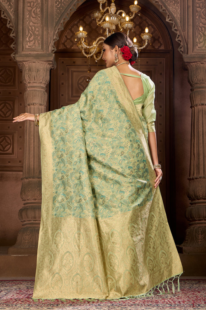 Lime Green Chanderi Paisley Saree Weavekaari