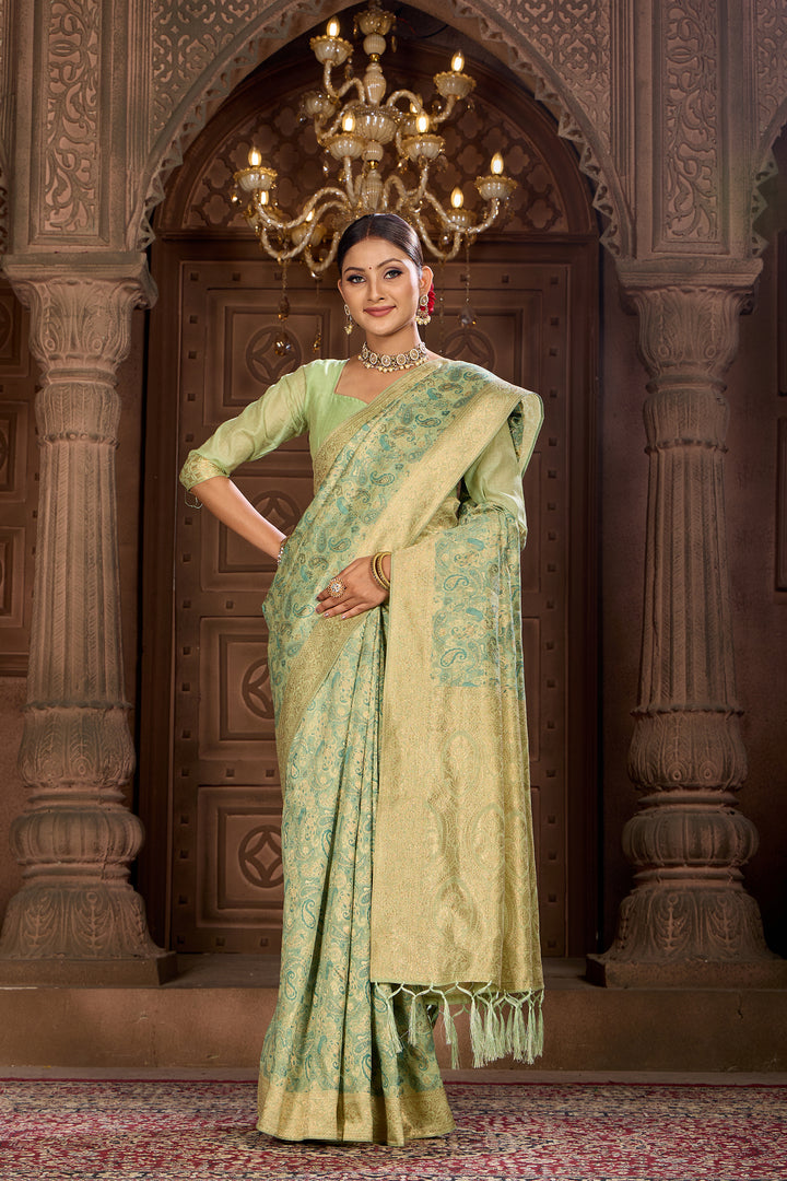 Lime Green Chanderi Paisley Saree Weavekaari