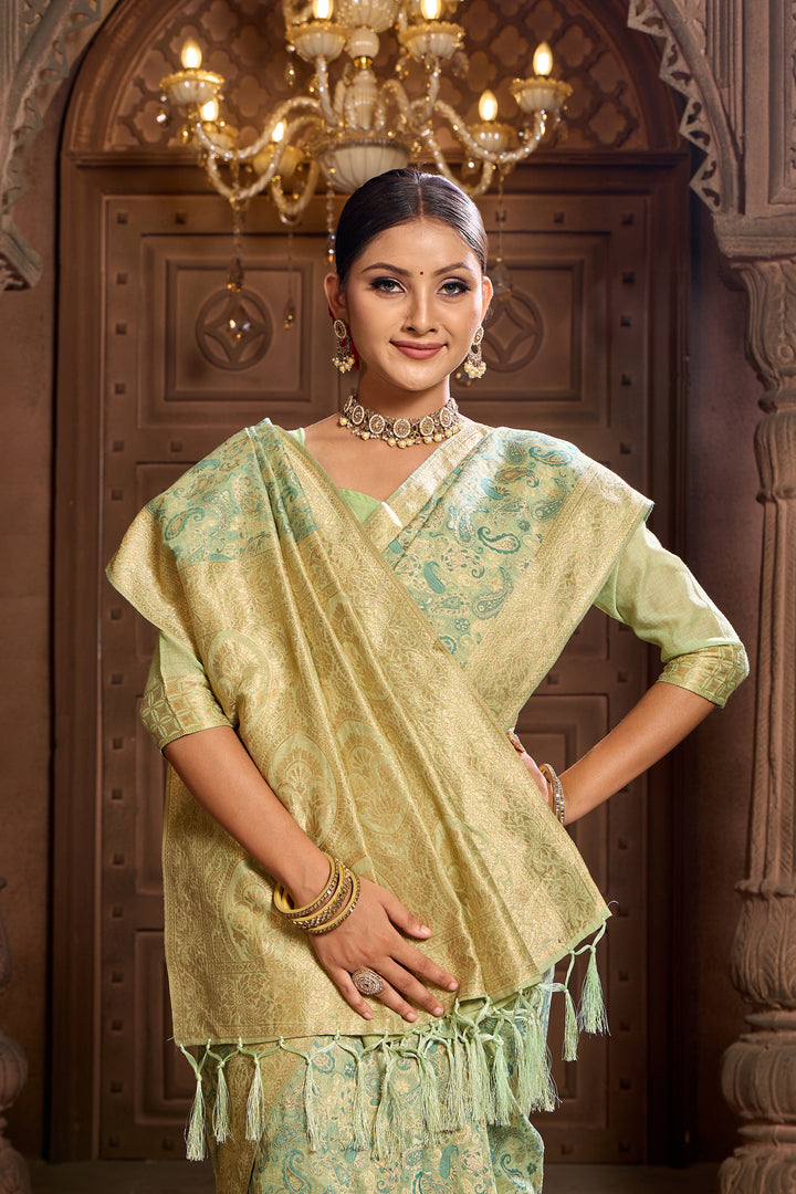 Lime Green Chanderi Paisley Saree Weavekaari