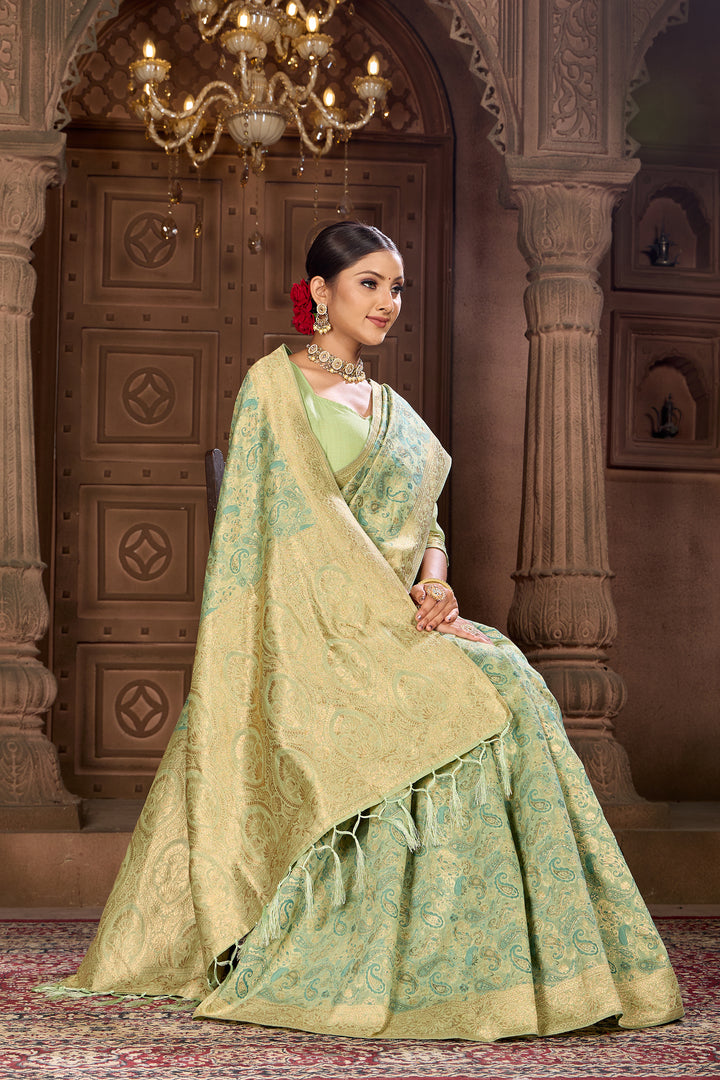 Lime Green Chanderi Paisley Saree Weavekaari