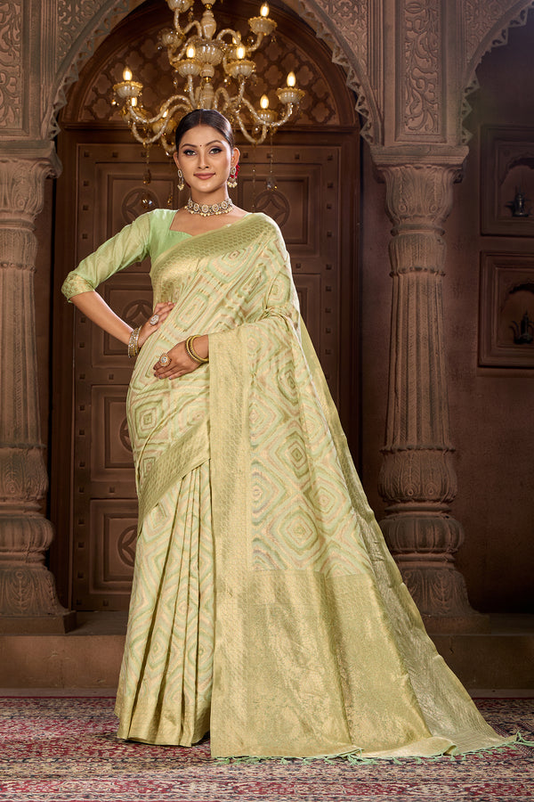 Lime Green Ikat Saree Weavekaari