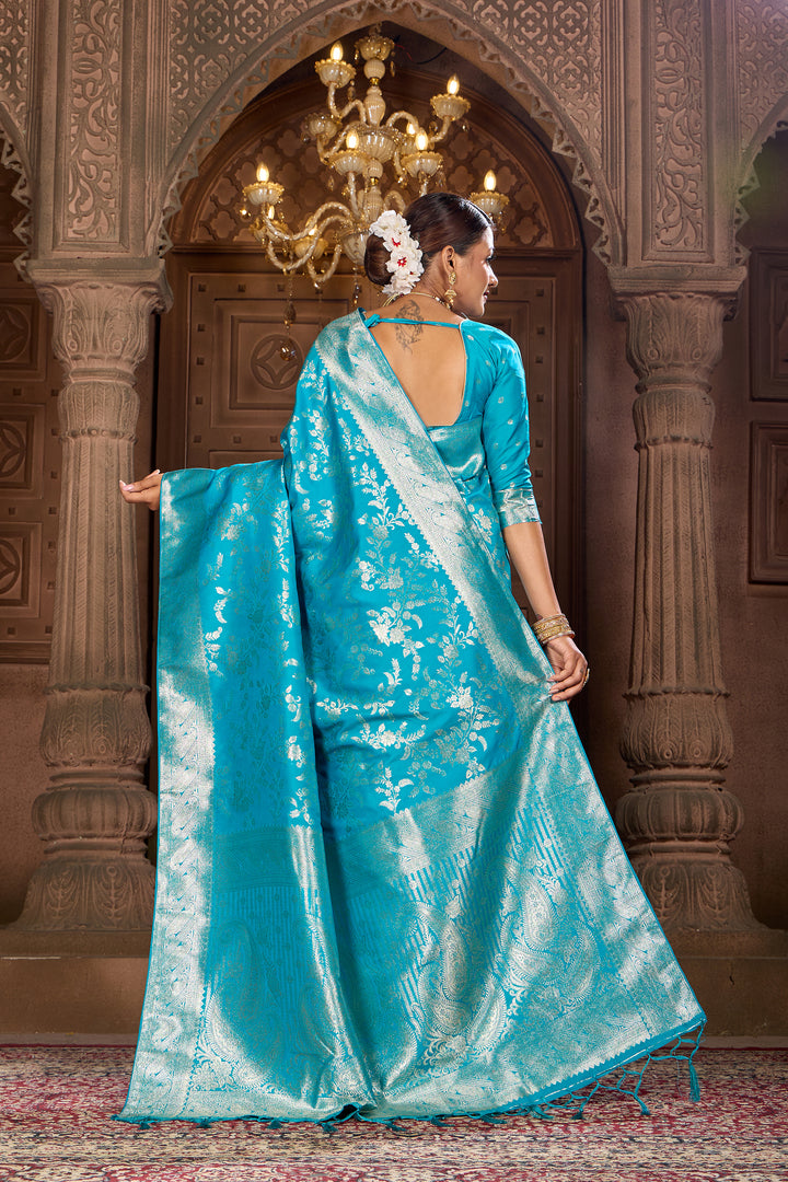 Turquoise Blue Soft Silk Saree Weavekaari