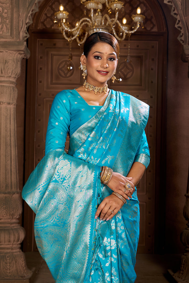 Turquoise Blue Soft Silk Saree Weavekaari