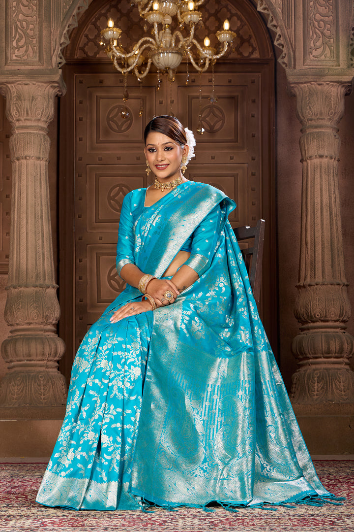 Turquoise Blue Soft Silk Saree Weavekaari