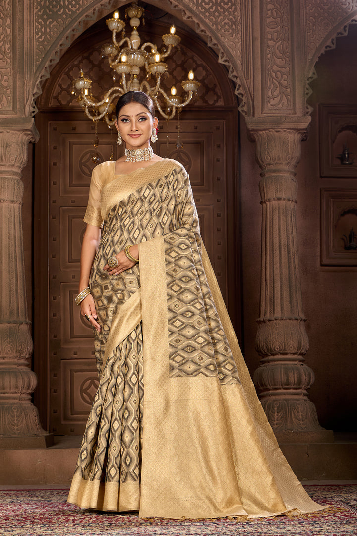 Beige Black Ikat Saree Weavekaari