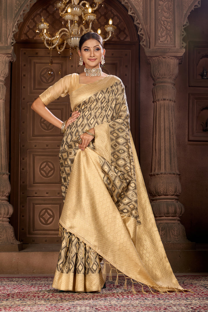 Beige Black Ikat Saree Weavekaari