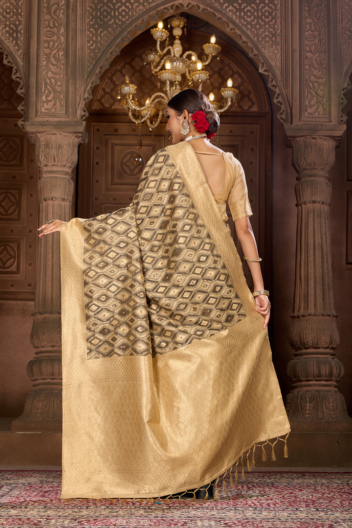 Beige Black Ikat Saree Weavekaari