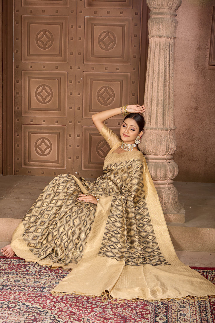 Beige Black Ikat Saree Weavekaari