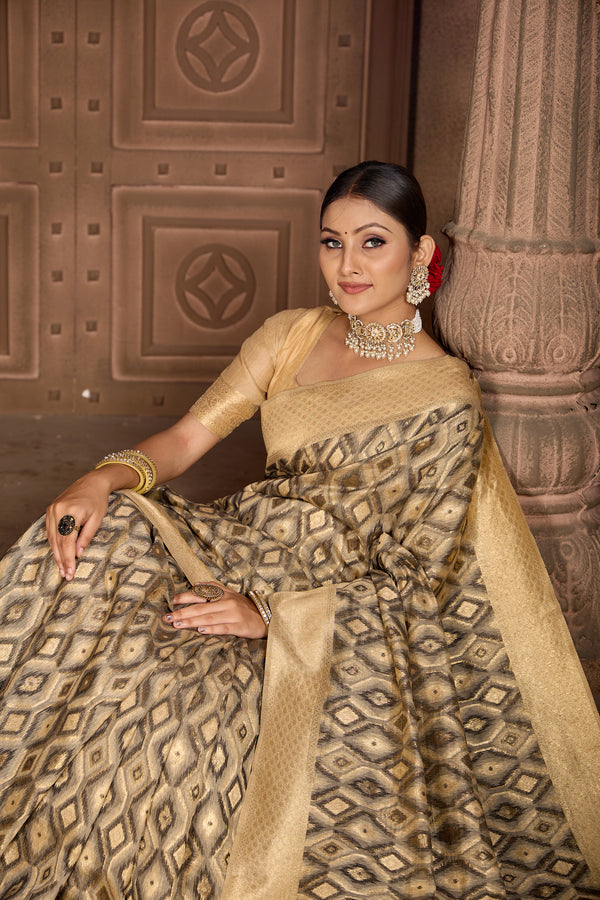 Beige Black Ikat Saree Weavekaari