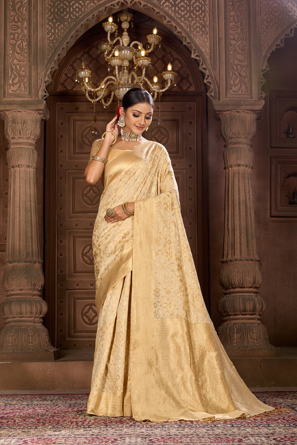 Beige Ikat Saree Weavekaari