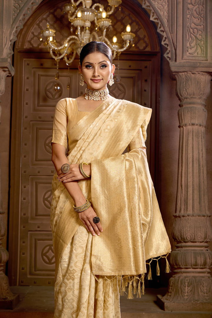 Beige Ikat Saree Weavekaari