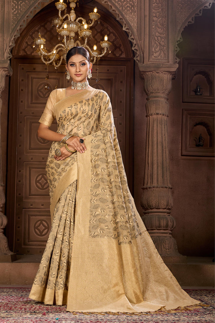 Beige Black Chanderi Saree Weavekaari