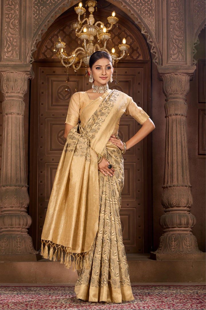 Beige Black Chanderi Saree Weavekaari