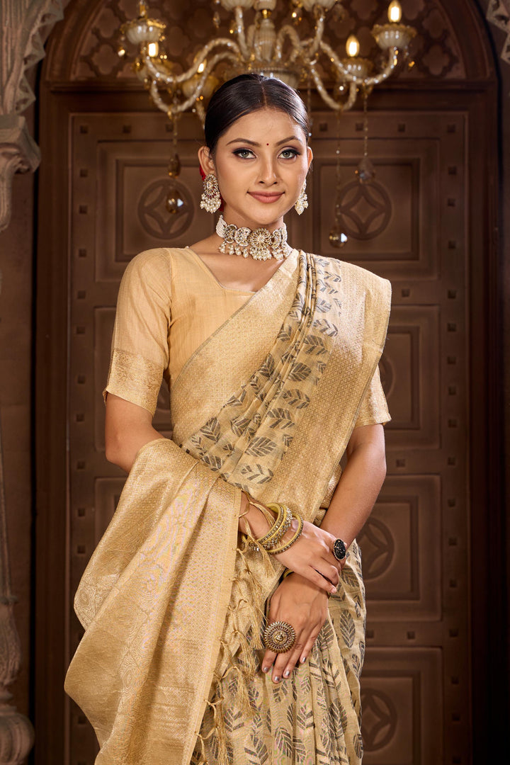 Beige Black Chanderi Saree Weavekaari