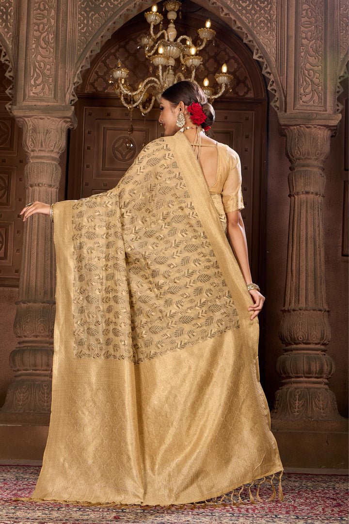 Beige Black Chanderi Saree Weavekaari