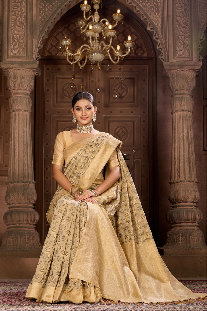 Beige Black Chanderi Saree Weavekaari