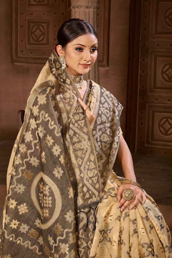 Beige Chanderi Saree Weavekaari