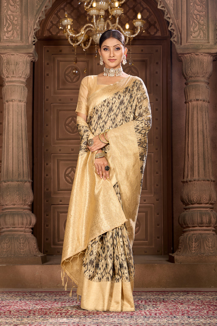 Beige Black Ikat Saree Weavekaari