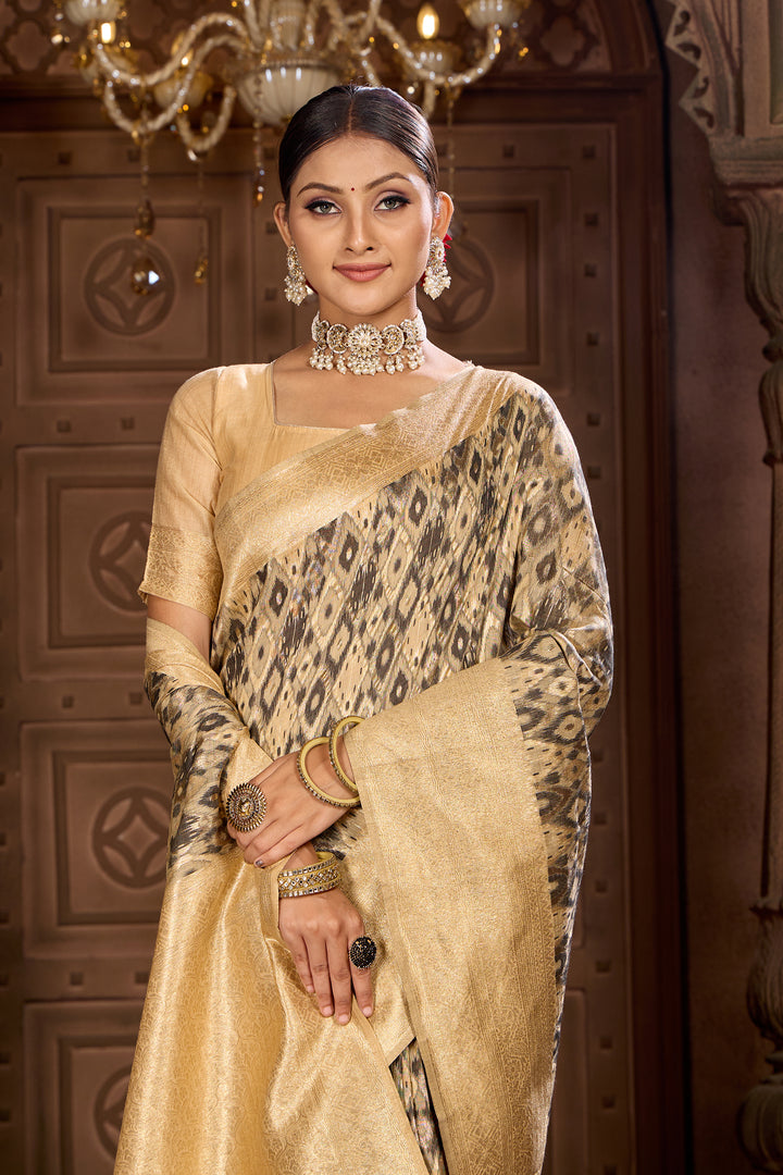 Beige Black Ikat Saree Weavekaari