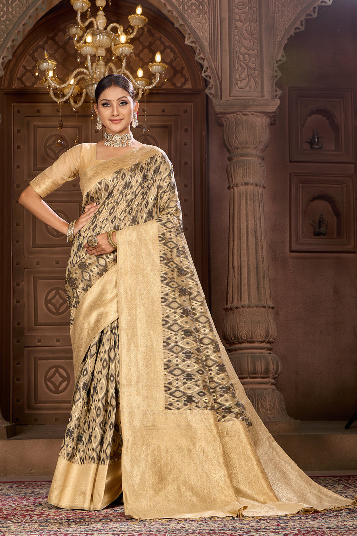 Beige Black Ikat Saree Weavekaari