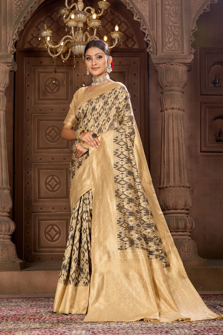 Beige Black Ikat Saree Weavekaari