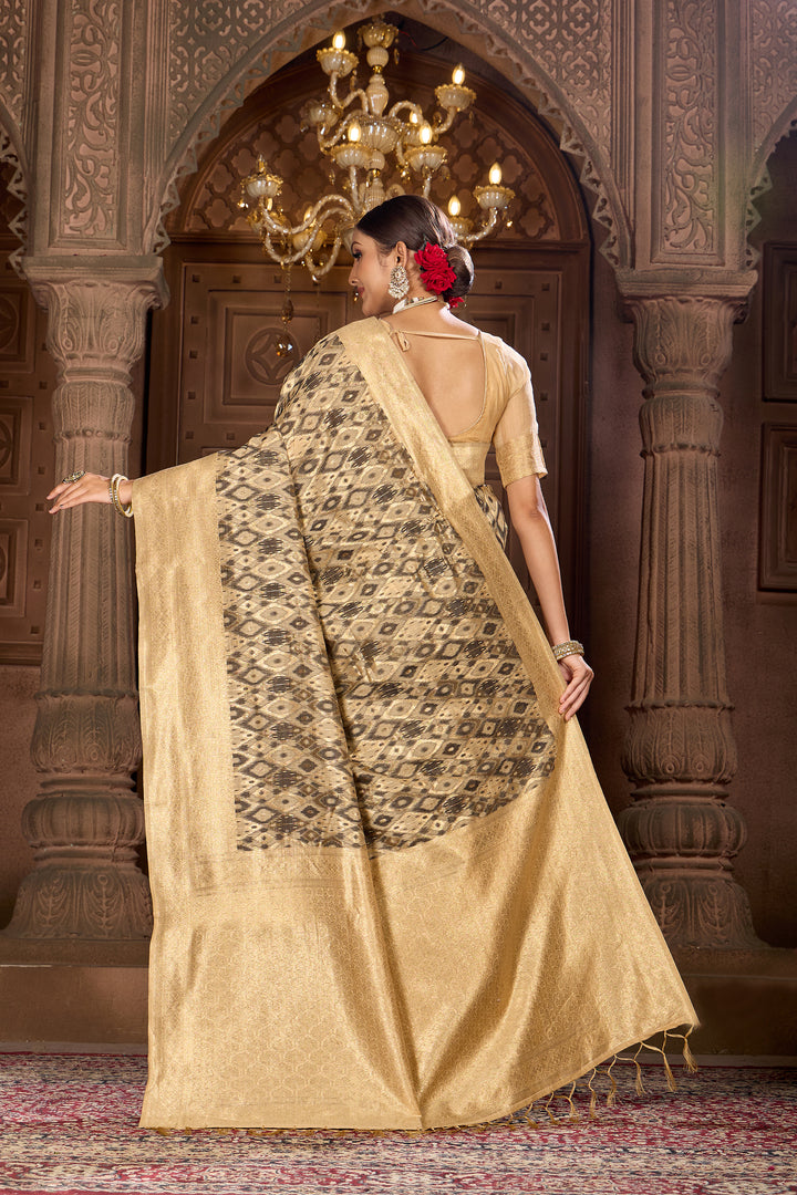 Beige Black Ikat Saree Weavekaari