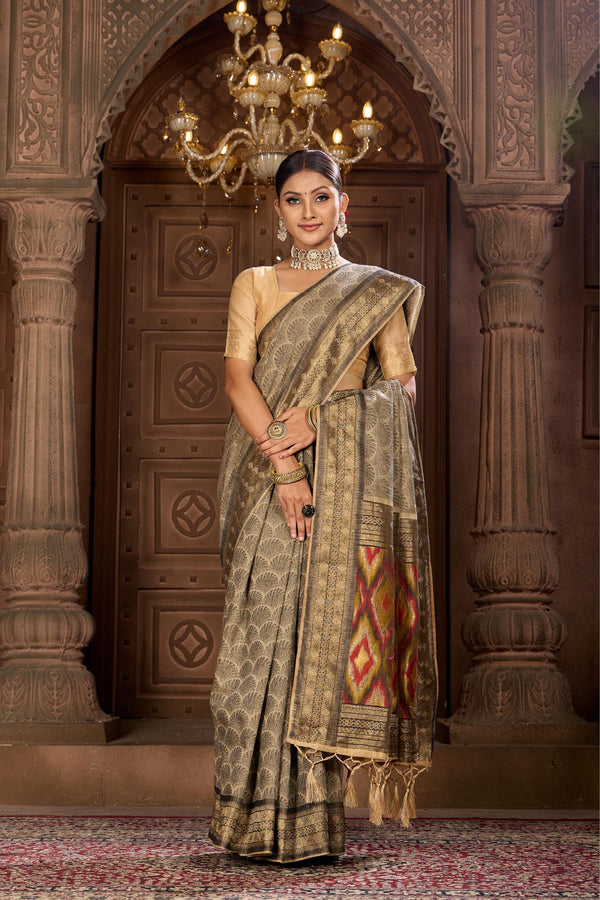 Beige Black Ikat Pallu Saree Weavekaari