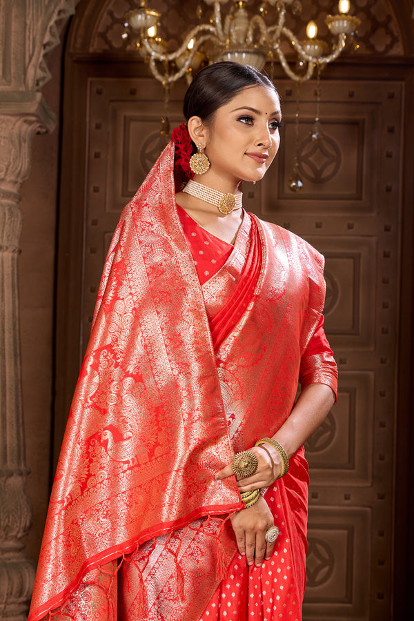 Bright Red Soft Silk Saree Weavekaari