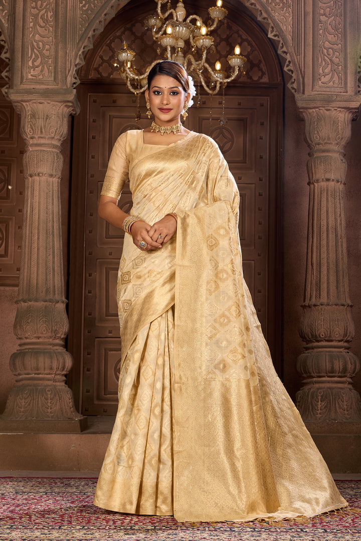 Light Beige Ikat Saree Weavekaari